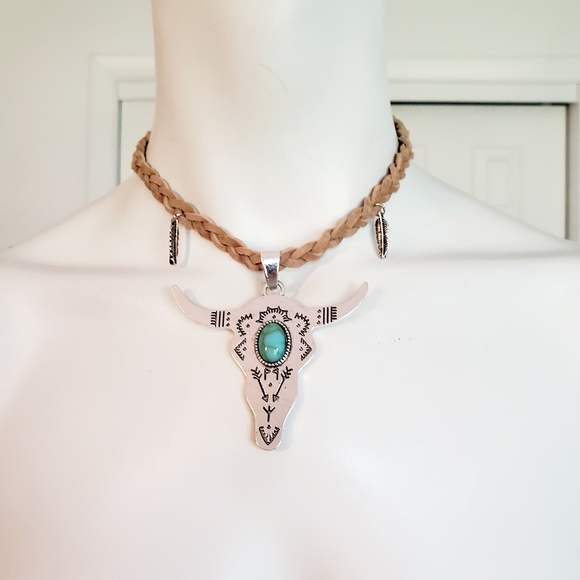 Turquoise Steer Head Western Necklace /choker - Picture 7 of 10